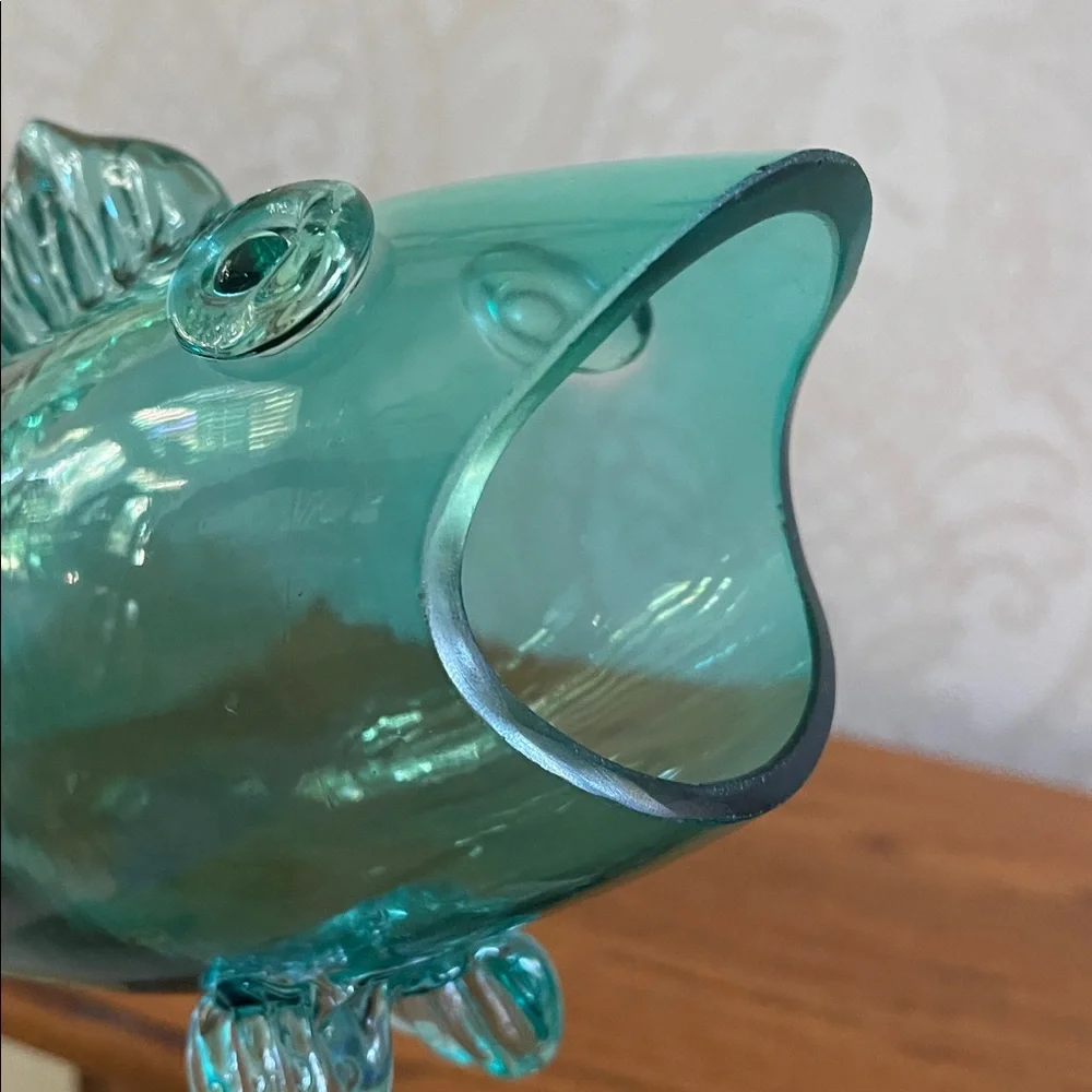 Rare Vintage Blenko style Aqua Glass Fish vase 12.5” tall